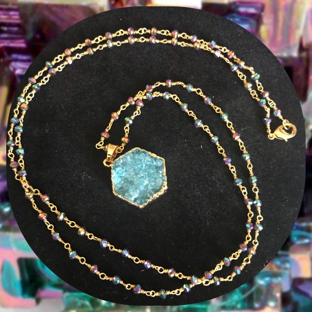 Teal Druzy Rosary Bead Necklace